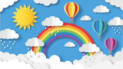 Fototapeta premium Vibrant Rainbow Emerging Through Fluffy White Clouds with Colorful Balloons and Sun in a Serene Blue Sky