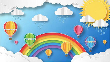 Fototapeta premium Vibrant rainbow and hot air balloons float among fluffy clouds under a sunny sky on a rainy day