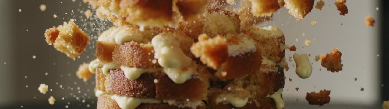 Cake layers with cream bursting apart, sending crumbs and dessert pieces flying in a dynamic food setting.