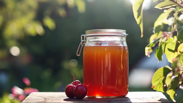 Crafting homemade cherry jam in a sunlit garden with fresh picked cherries and basic ingredients