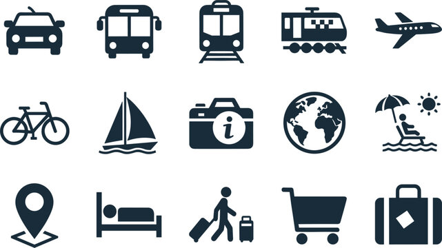 Comprehensive Travel and Tourism Icon Set Featuring Transportation Hotel Luggage and Sightseeing Symbols for Holiday Planning and Navigation Design
