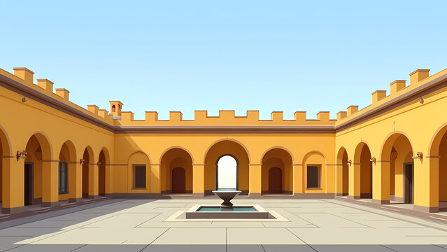 Indian Village Zamindar house Cartoon Background Sunny courtyard with arched walkways, a central fountain, and the clear blue sky overhead in a bright, stylized illustration.