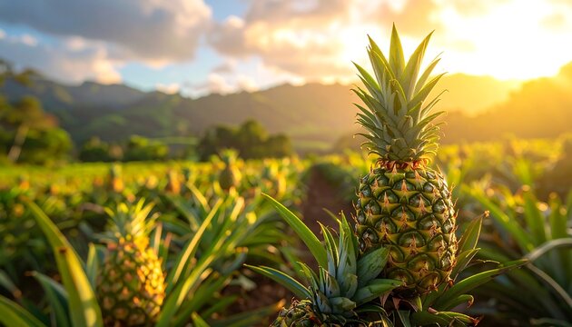 Pineapple field at sunset; golden light bathes rows. Lush green landscape with mountains in background