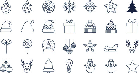 Christmas holiday line icons set including ornaments snowflake Santa hat gift box snowman sleigh reindeer and festive decorations © ARMAN STOCK