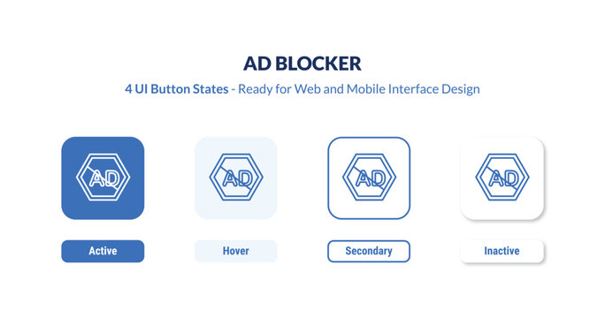 ad blocker 4-state UI button. Outline icon kit from marketing collection. Thin linear ad blocker, no, stop editable vector. Minimal ad blocker sign for web and mobile interface