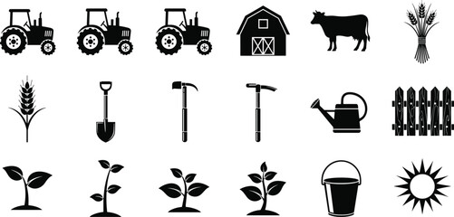 Farm agriculture icons set with tractor barn cow wheat tools plants watering can and rural farming symbols vector © ARMAN STOCK