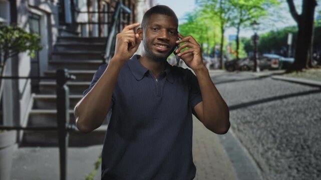 Young black man on street holding smartphone to ear and pointing index finger, smiling near stoop and parked car; confidence communication.
