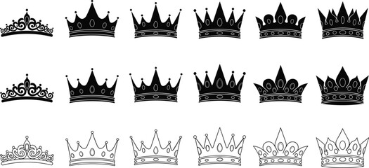 Royal crown silhouettes and outline collection with king queen tiara monarchy symbols decorative vintage crown vector set © ARMAN STOCK
