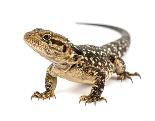 Obraz premium Lizard, brown and tan, with patterned spots, posed against a stark white backdrop, looking upward