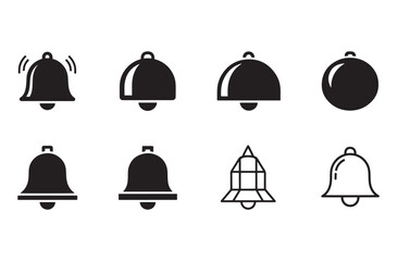 Fototapeta premium Set of eight bell icons, collection of different notification bell symbols, alert chime vector illustrations isolated on transparent background, ringing alarm designs