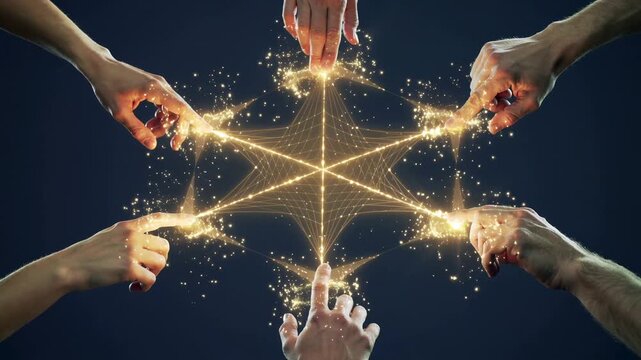 Hands come together to form shapes with glowing light. Each touch creates a pattern in the dark. Different people collaborate to achieve a shared goal of beauty.