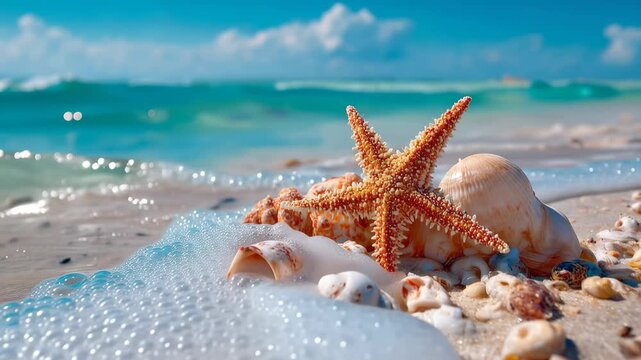 Beautiful shells and starfish on sandy beach with clear water on a sunny day by the ocean