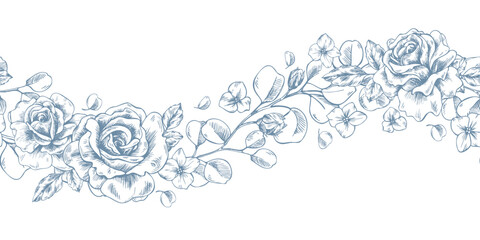 Beautiful roses with eucalyptus leaves and branches. Hand-drawn graphic illustration in ink line art style. Wave border seamless pattern for holiday and wedding designs. © NATASHA-CHU