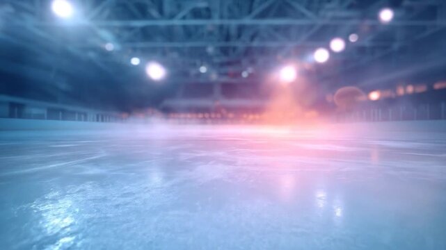 Empty Ice Skating Rink with Dramatic Lighting  Bokeh with Professional Sports Venue.