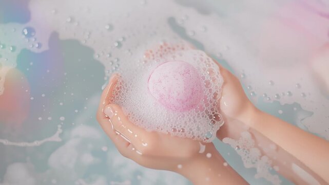 Close up of a woman's hands gripping a vibrant pink bath bomb that sizzles and disappears, leaving behind a bath filled with fluffy white foam and bubbles