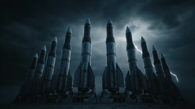 Multiple rockets lined up and ready for launch in a dramatic, cloudy sky.