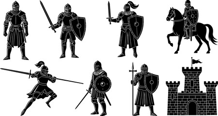 Medieval knights and castle illustrations in black and white © Afia