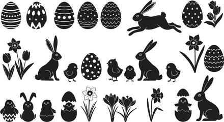 Easter icons set with eggs rabbits flowers and chicks in black silhouettes on white background © Afia