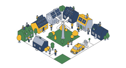 Fototapeta premium Sustainable Community with Solar Panels Wind Turbine Electric Car Charging Station and People Working