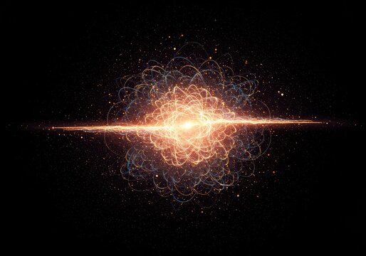 Abstract visualization of complex subatomic quantum energy fields, featuring glowing particles and complex chaotic wave functions, physics, metaphysical, science