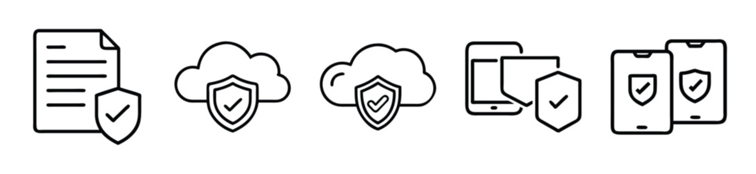 Secure document and device protection icons for data safety and privacy on transparent background