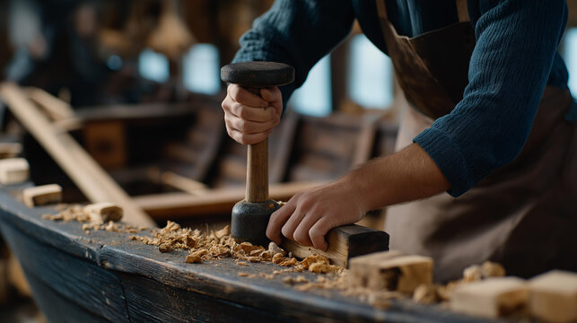 Traditional shipbuilding yard worker hand caulking wooden hull seams with oakum and mallet in a heritage facility, perfect for traditional shipbuilding manufacturing, wooden boat production,