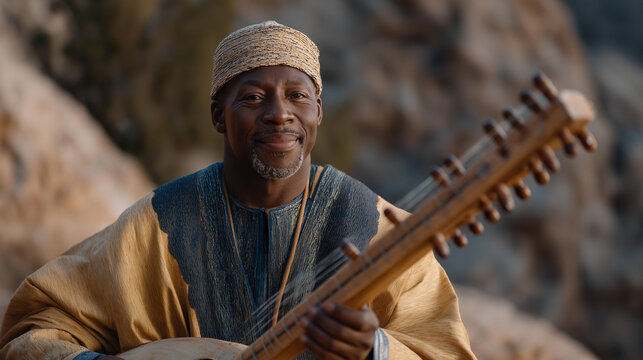 West African griot storyteller performing traditional oral history with kora instrument for village gathering, perfect for African traditional performance, griot culture, oral storytelling,