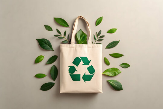 Reusable cotton tote bag with recycling symbol surrounded by green leaves on neutral background, eco friendly shopping concept, sustainable lifestyle, zero waste plastic alternative and environmental 
