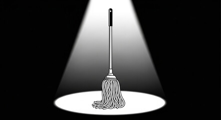 A solitary mop stands illuminated in a dramatic spotlight, center stage. © Pras