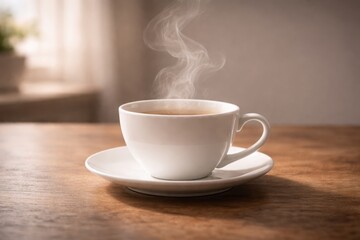Fototapeta premium Steaming Hot Cup of Coffee on Rustic Wooden Table in Soft Morning Sunlight