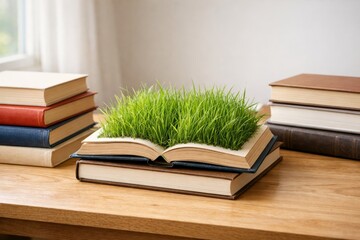 Conceptual Open Book with Fresh Green Grass Growing from Pages on Wooden Desk