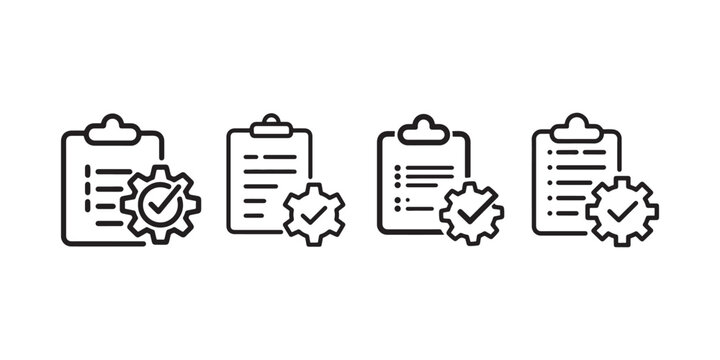 Clipboard with checklist and gear icon, task completion symbol, project management plan, work process done, approved document.