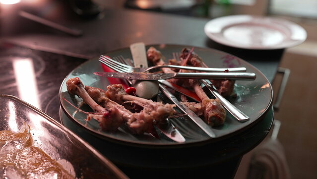 Dirty plate with leftover chicken bones, used cutlery scattered, remnants of meal, messy dining scene, post-dinner setting, unclean dishes, household kitchen environment