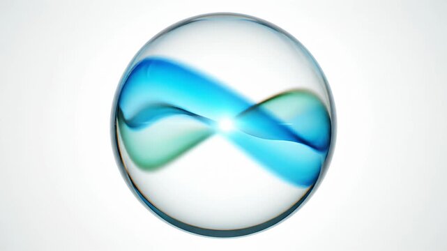 Clear glass sphere with abstract blue wave on white background