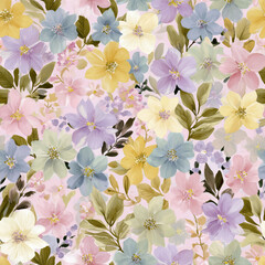 Obraz premium Pastel watercolor floral seamless pattern with wildflowers and botanical elements, soft spring flower background