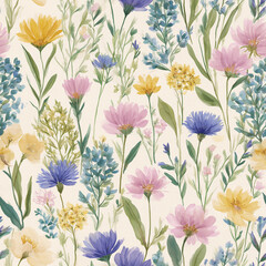 Obraz premium Pastel watercolor floral seamless pattern with wildflowers and botanical elements, soft spring flower background