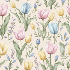 Obraz premium Pastel watercolor floral seamless pattern with wildflowers and botanical elements, soft spring flower background