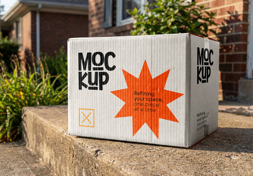 Landscape Cardboard Delivery Box Packaging Mockup on Porch