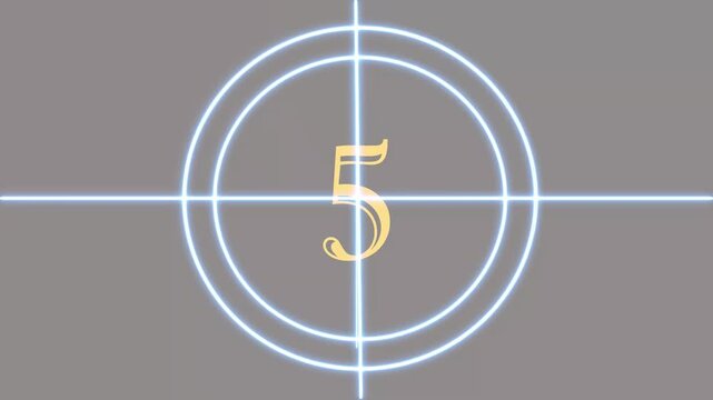 Neon blue film countdown circle with yellow number 8 and light beam movie cinema