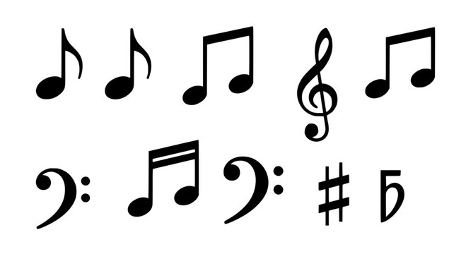 Musical notes and symbols set with black and white design elements featuring sheet music, treble clef, bass clef with