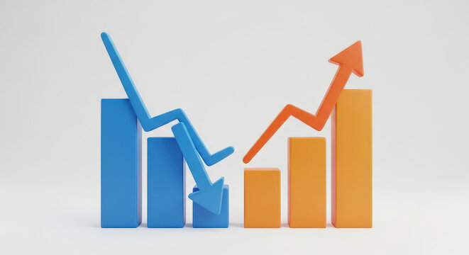 Blue and Orange Business Chart Arrows Showing Opposing Trends Concept Of Growth And Decline Financial Data