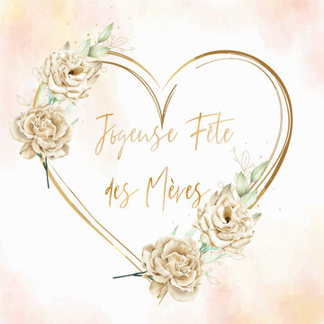 carte ou bandeau pour souhaiter une joyeuse f&ecirc;te des m&egrave;res en or dans un c&oelig;ur de couleur or avec des fleurs beige et cr&egrave;me sur un fond en aquarelle beige et rose
