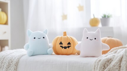 Pastel Halloween plush toys create a soft and child-friendly aesthetic for nursery decor and seasonal design.