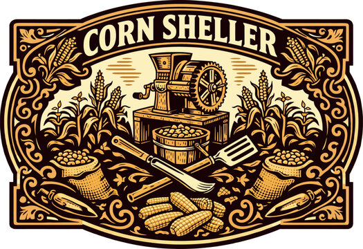 Corn Sheller Harvest Vintage Farm Badge Vector