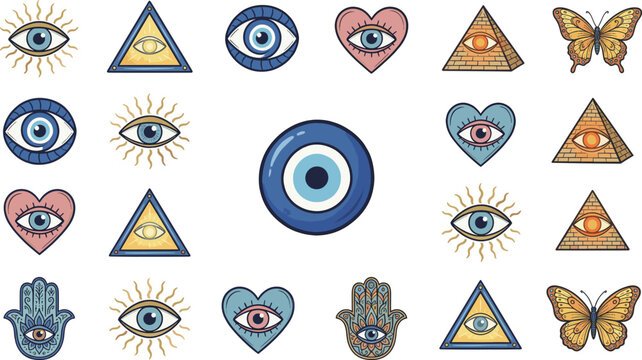 Evil eye symbols collection, flat vector illustration of hamsa hand, pyramid, heart and butterfly spiritual icons