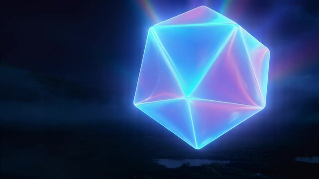 Glowing Icosahedron with Neon Lights in Dark Space.