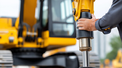 Fototapeta premium Heavy equipment mechanic greasing excavator hydraulic joint, heavy machinery maintenance concept, construction equipment service, mechanical lubrication moment, with copy space