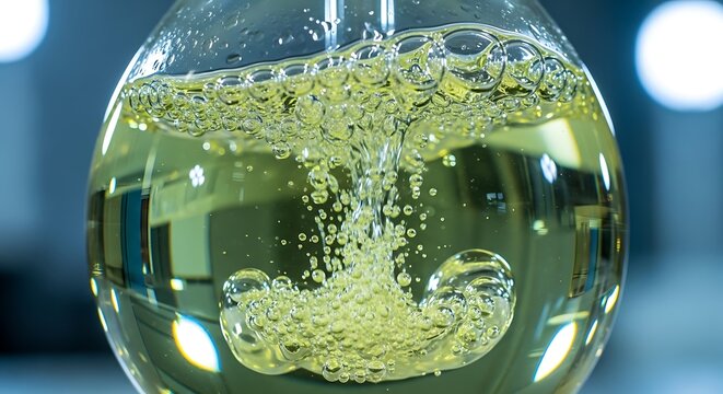 Chlorine dioxide liquid generating bubbles and turbulence inside a glass spherical flask for chemical reaction and disinfection solution production in laboratory