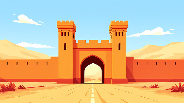 Indian Village Zamindar house Cartoon Background Desert landscape with a grand ancient gate and fortress wall, leading to a pathway under a clear blue sky