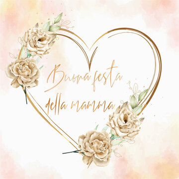 Un biglietto o uno striscione per augurare una felice festa della mamma in oro, all'interno di un cuore dorato con fiori beige e crema su uno sfondo acquerello beige e rosa.